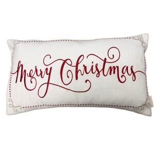 Cynthia Rowley Merry Christmas Embroidered Lumbar Pillow Red Gold Farmhouse GUC